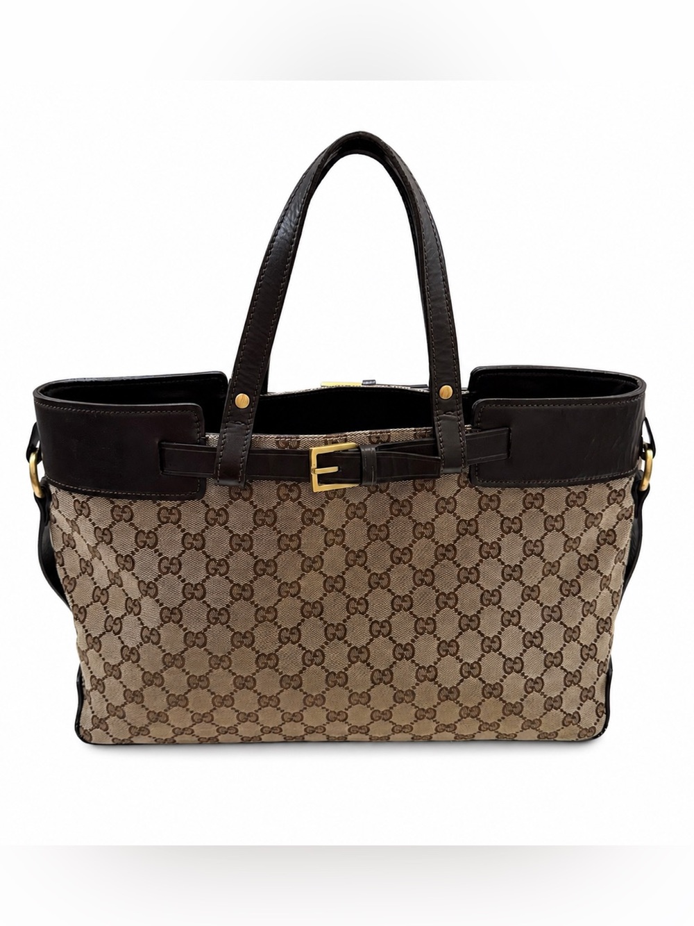 Gucci GG Canvas Leather Buckle Tote Bag Brown Monogram Large Shoulder Purse IT
